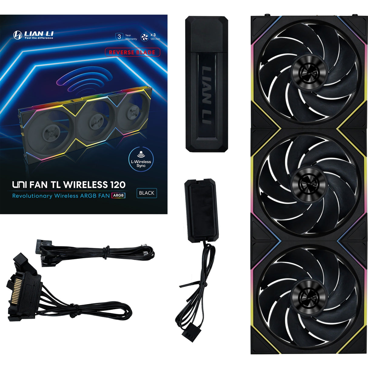 Lian Li Uni Fan TL 120 Ventilateurs de boîtier RGB à lame inversée sans fil (noir, 3 pièces, 120 x 124 x 28 mm, PWM, contrôleur inclus)