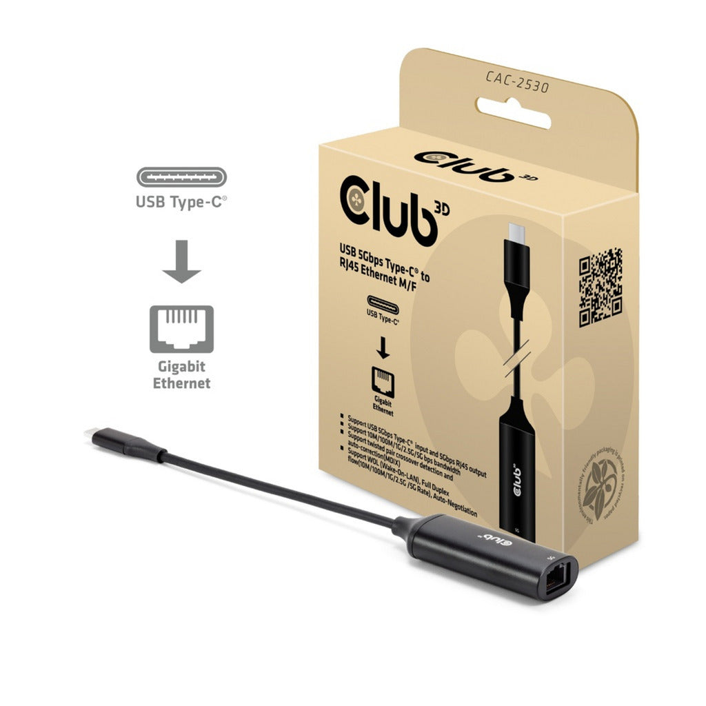 Adaptateur Ethernet M-F Club 3D USB-C vers RJ45 5 Gbit/s (noir)