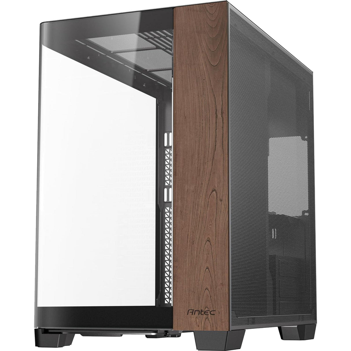 Boîtier tour midi en bois courbe Antec c8 (couleur bois noir | 2x USB-A | 1x USB-C | verre trempé)