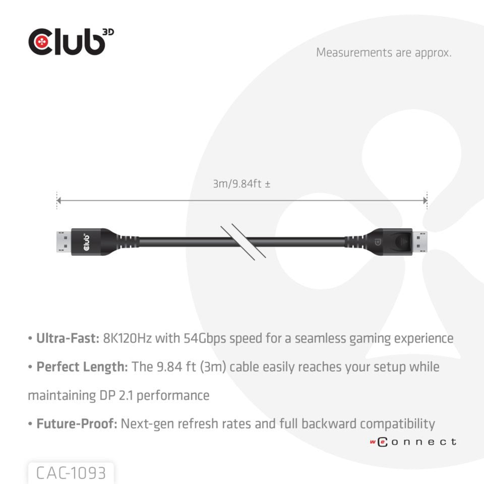 Câble certifié Club 3D DisplayPort 2.1 Vesa DP54 mâle-mâle (noir, 3 mètres, 4K 240 Hz, 8K 120 Hz, 54 Gbps)