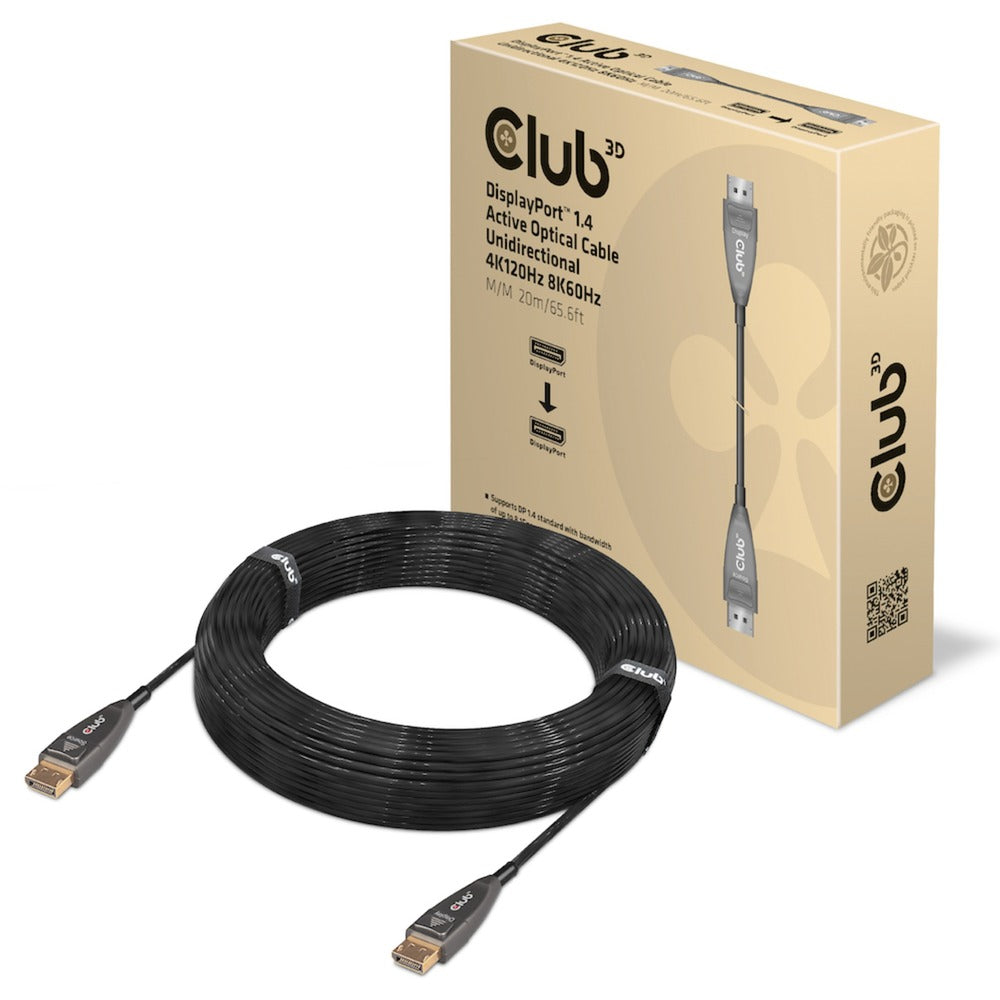Câble optique unidirectionnel actif Club 3d displayport 1.4 (noir, 20 mètres, 4k 120hz, 8k 60hz)