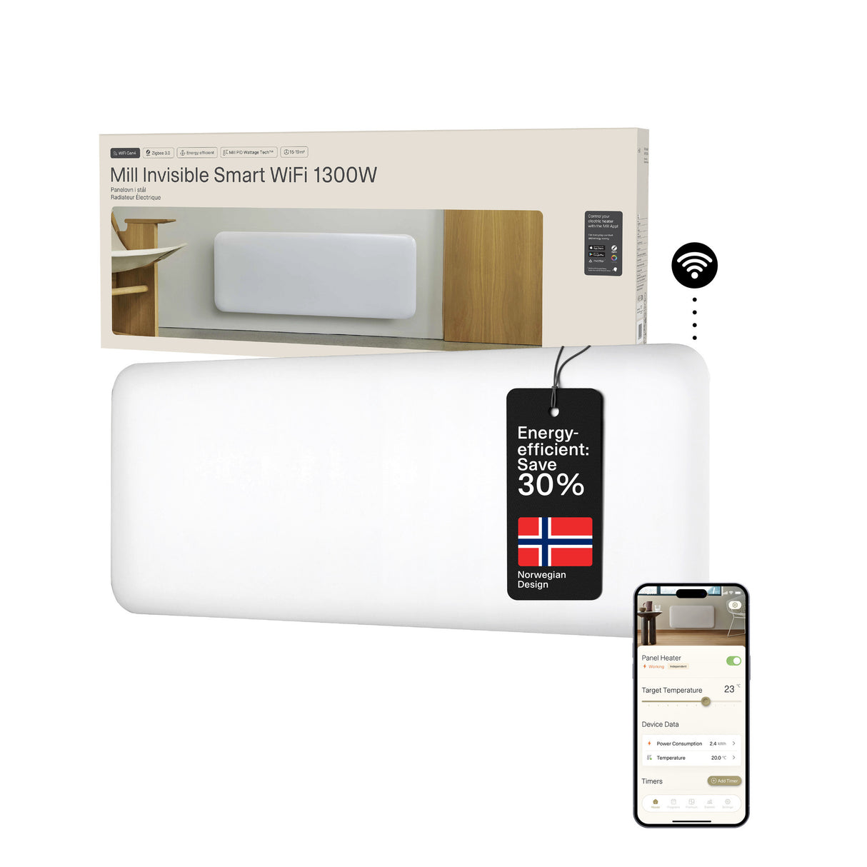 Panneau chauffant wifi Mill steel pa1300wifi4, convecteur 1300 watts (blanc, wifi 2,4 ghz (wifi 6), bluetooth 5.2, zigbee 3.0 + app)