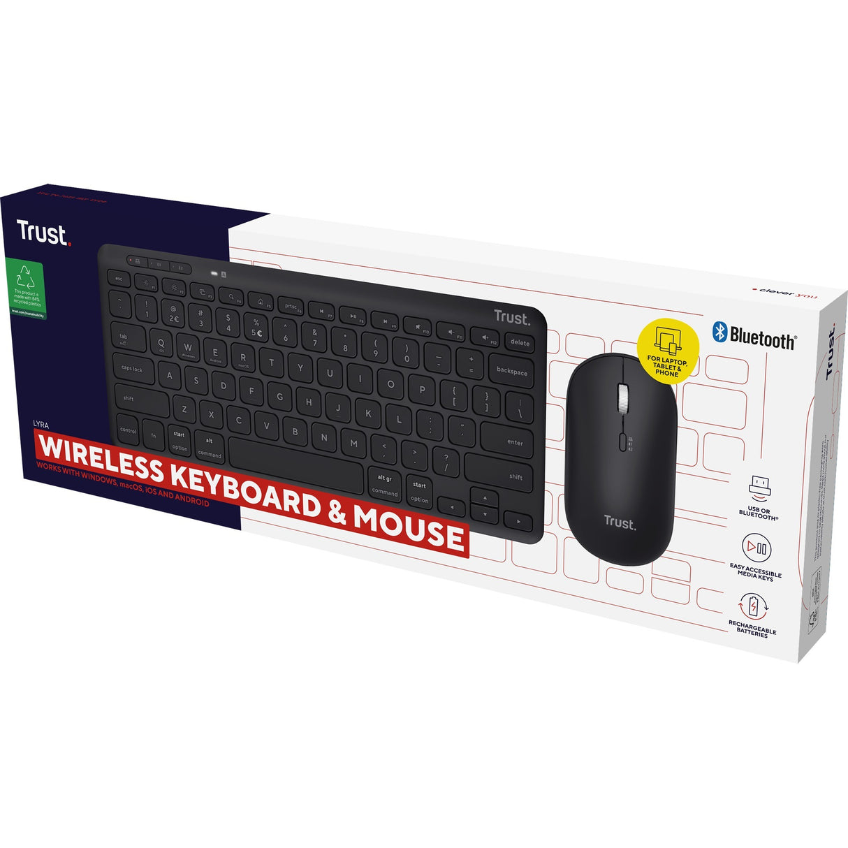 Trust Lyra ensemble clavier-souris sans fil multi-appareils pour ordinateur de bureau (noir, disposition américaine (QWERTY), commutateurs à ciseaux, 65 %, 800 - 1 600 dpi, USB 2,4 GHz, Bluetooth)