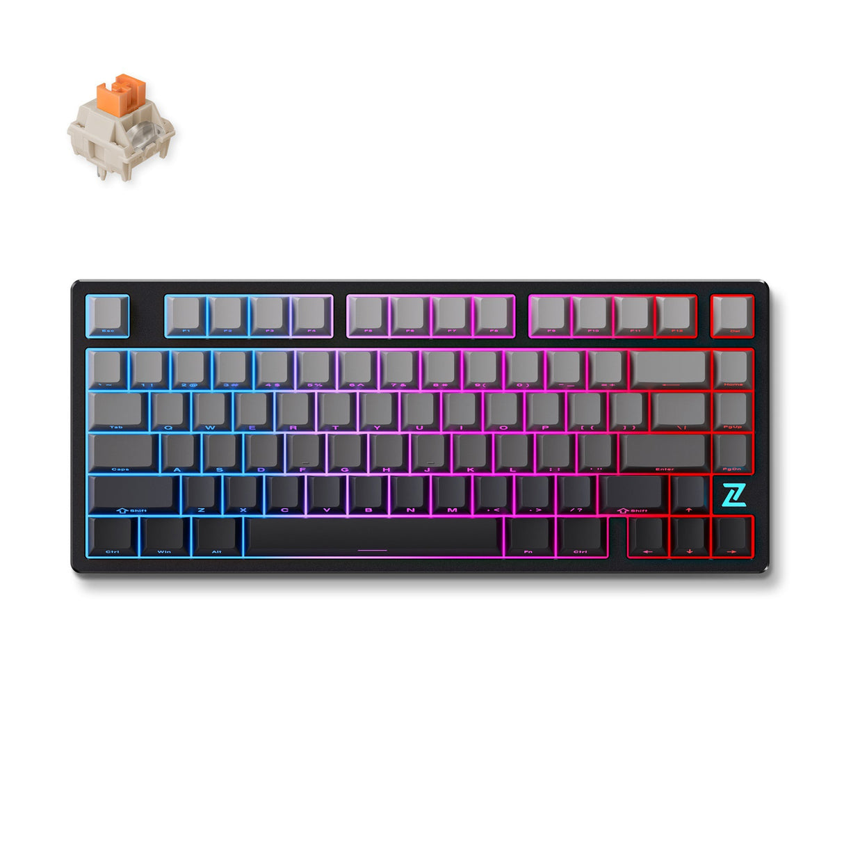 Mchose z75s montagnes dégradé flamme orange couvercle supérieur en métal clavier RVB mécanique sans fil (noir, disposition américaine (qwerty), orange flamme ttc, 75 %, RVB, hot swap, pbt gravé sur le côté, sans fil | Bluetooth | USB-C)