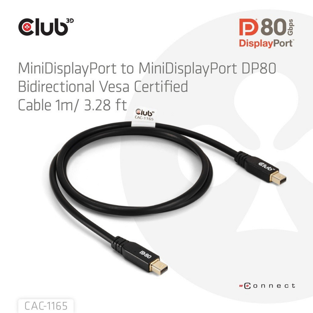 Câble bidirectionnel Club 3D Mini DisplayPort vers Mini DisplayPort DP80 (noir, 1 mètre, certifié Vesa)