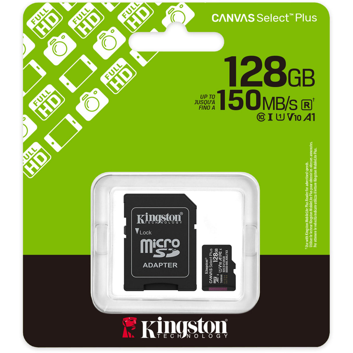 Carte mémoire MicroSDXC Kingston Canvas Select Plus 128 Go (noir, UHS-I U1, classe 10, V10, avec adaptateur SD)