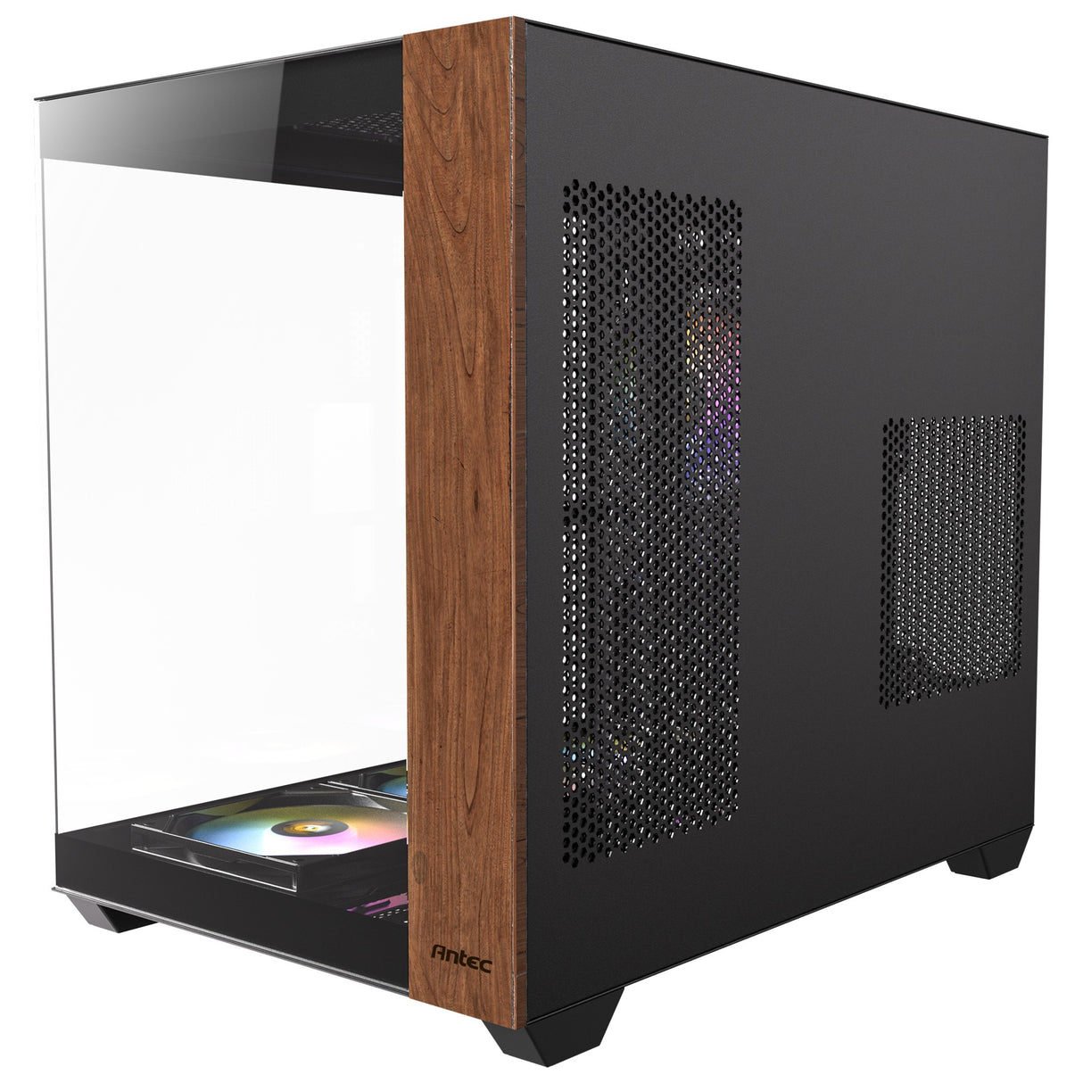 Boîtier tour midi argb en bois Antec cx800 (couleur bois noir | 1x USB-A | 1x USB-C | verre trempé)