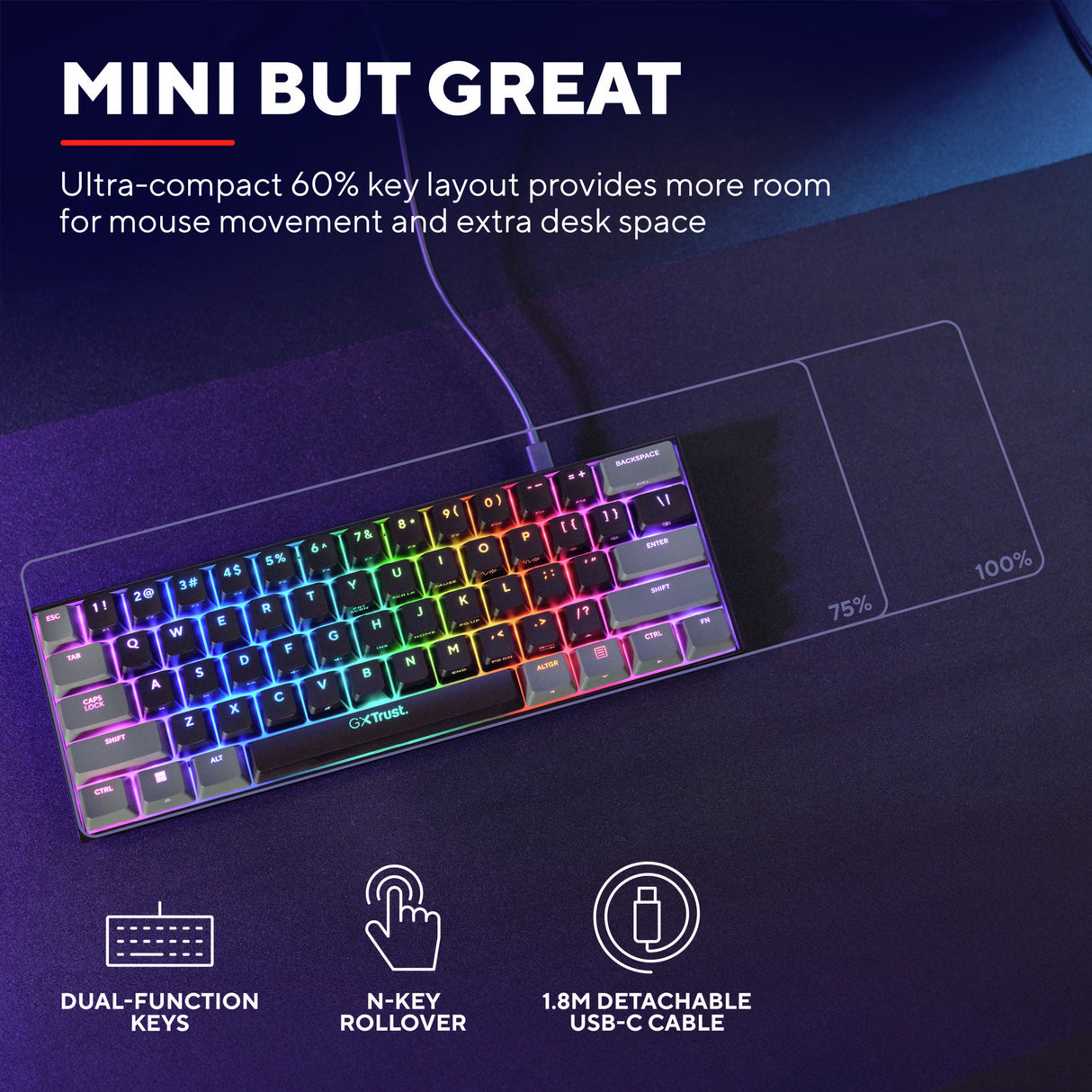 Trust GXT 867 Acira 60 % mini clavier de jeu mécanique (noir, disposition américaine (QWERTY), Outemu Red, 60 %, RVB)