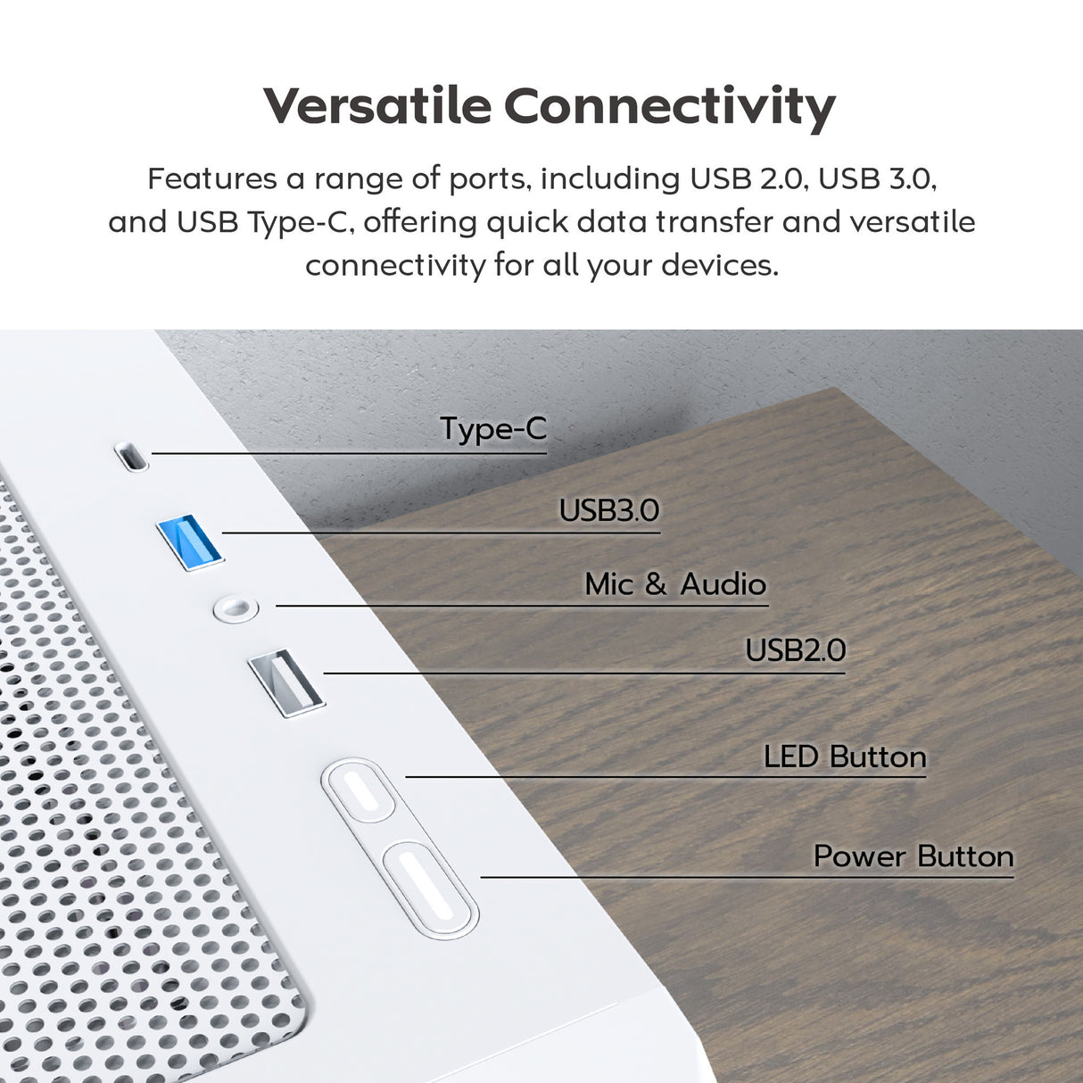 Boîtier tour midi Montech x5 (blanc | 2x USB-A | 1x USB-C | verre trempé)
