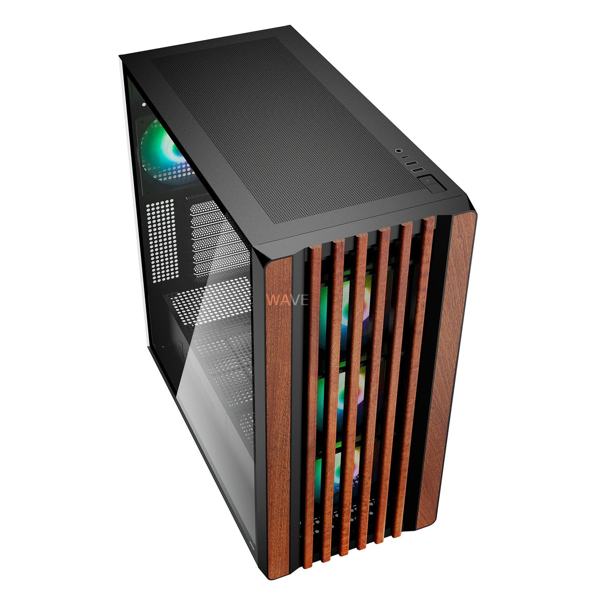 Boîtier tour midi Sharkoon rebel c70g rgb (couleur bois blanc | 2x usb-a | 1x usb-c | rgb | verre trempé)