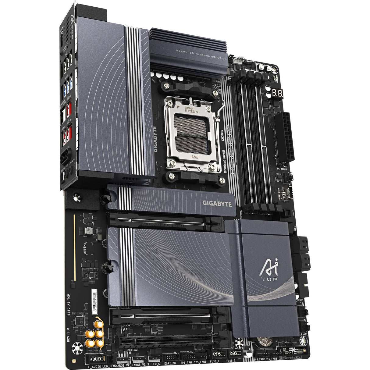 Carte mère Gigabyte B850 AI Top Socket AM5 (gris noir, RAID, 2x 10 Go LAN, Wi-Fi 7, BT, Sound, ATX)
