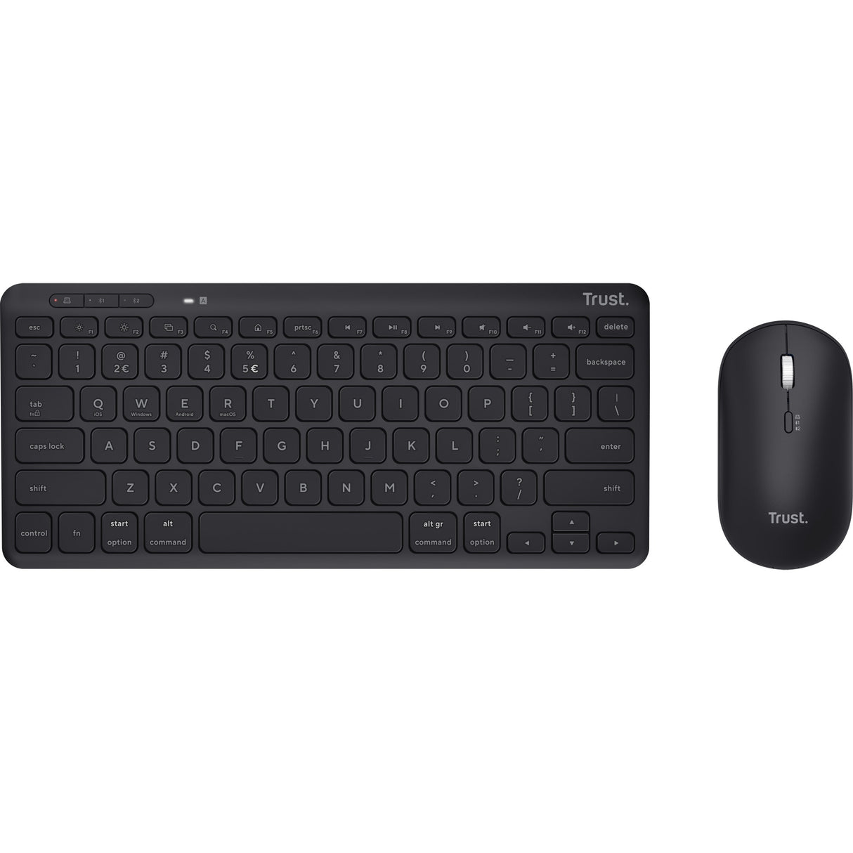Trust Lyra ensemble clavier-souris sans fil multi-appareils pour ordinateur de bureau (noir, disposition américaine (QWERTY), commutateurs à ciseaux, 65 %, 800 - 1 600 dpi, USB 2,4 GHz, Bluetooth)