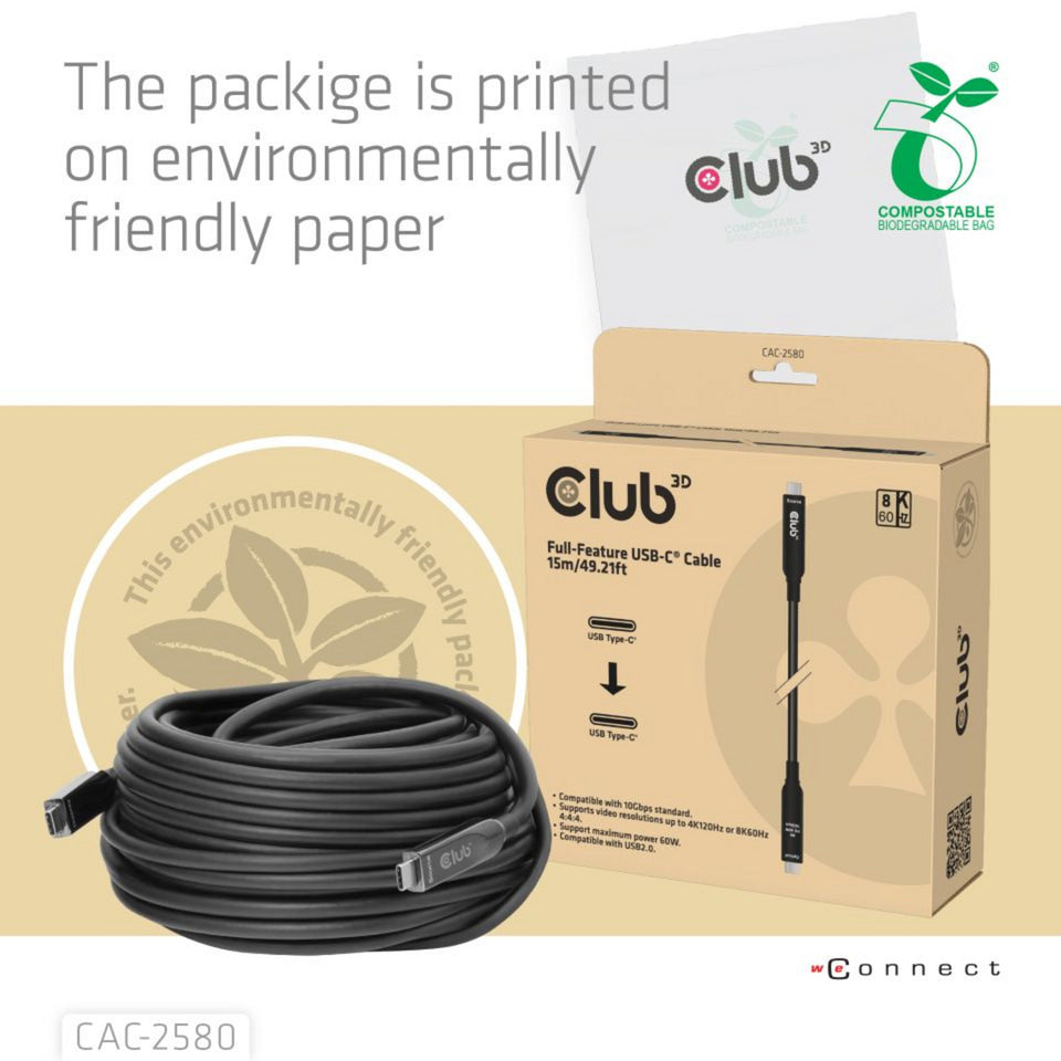 Câble USB-C complet Club 3D, 15 m (noir, 8k60hz 10gbps 60w)