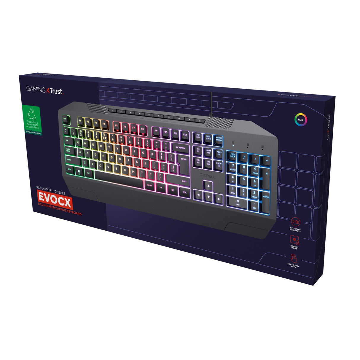 Clavier de jeu Trust GXT 836 EVOCX RGB (noir, disposition américaine (QWERTY), membrane, 100%, RVB)