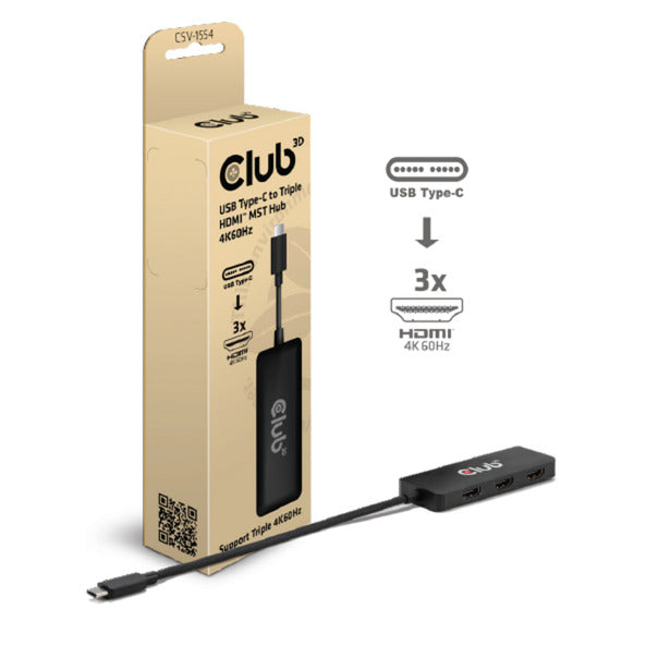 Adaptateur Club 3D USB-C vers Triple HDMI MST Hub 4K60Hz (Noir)