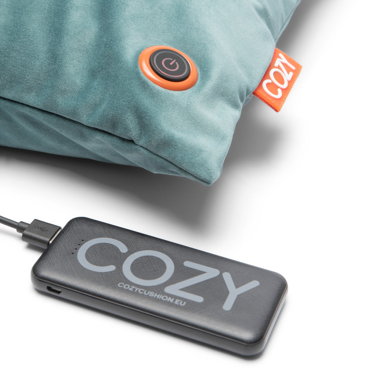 Coussin chauffant sans fil Cozy una Velvet 45 x 45 cm (bleu-vert, power bank 5000 mah)