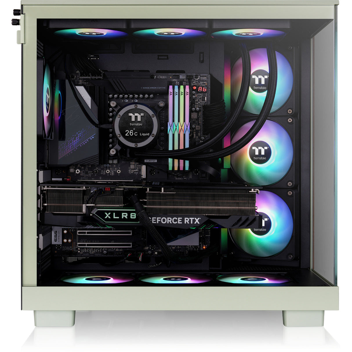 Thermaltake view 380 xl ws argb midi tower behuizing (lichtgroen houtkleur | 2x usb-a | 1x usb-c | rgb | tempered glass)
