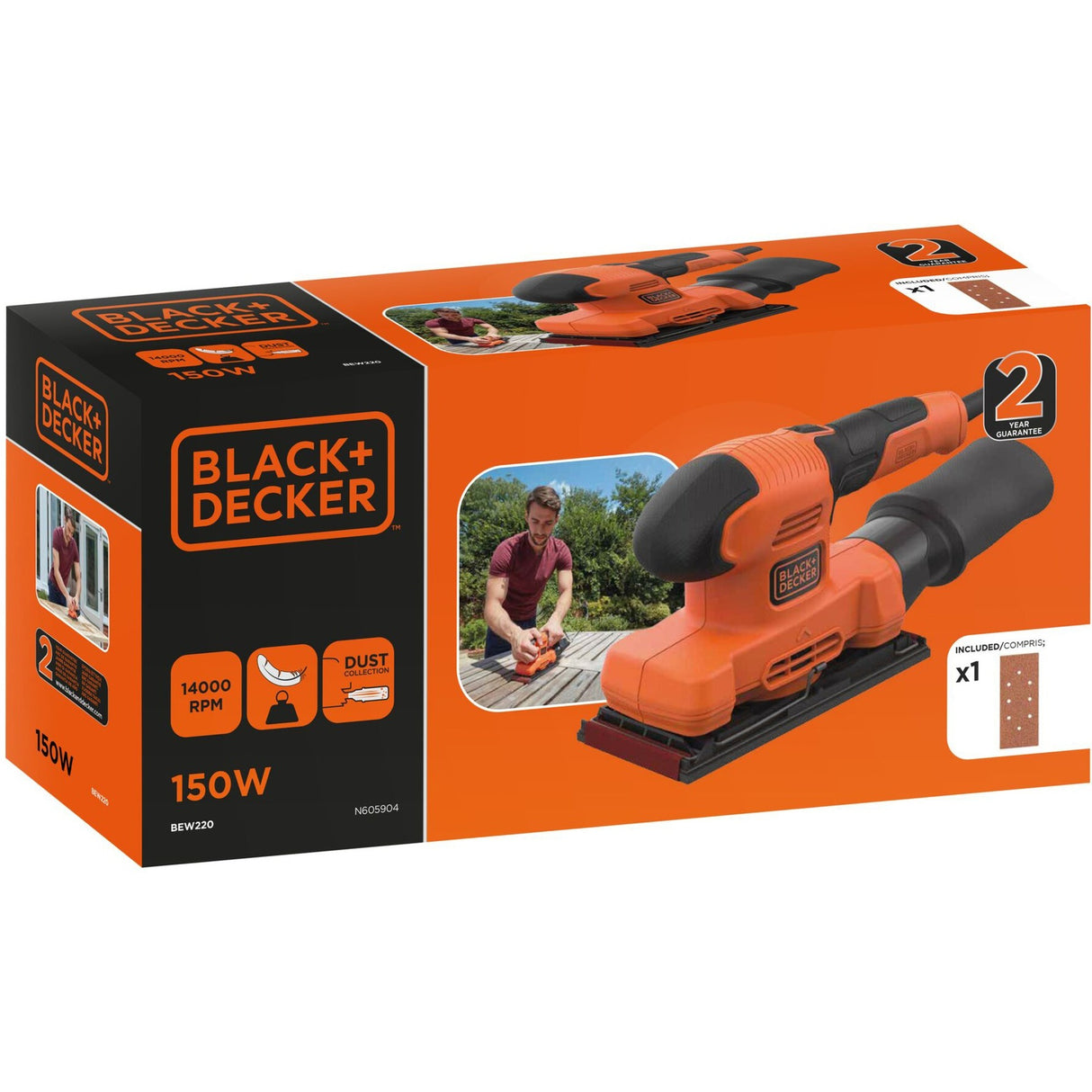 Black+decker 150w 1 ponceuse orbitale 3 feuilles bew220-qs (orange noir)