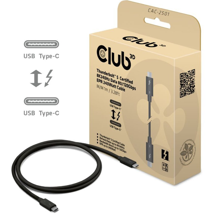 Câble certifié Club 3d Thunderbolt 5 8k240hz (noir, données 80 120 gbps, epr 240 watts, 1 mètre)