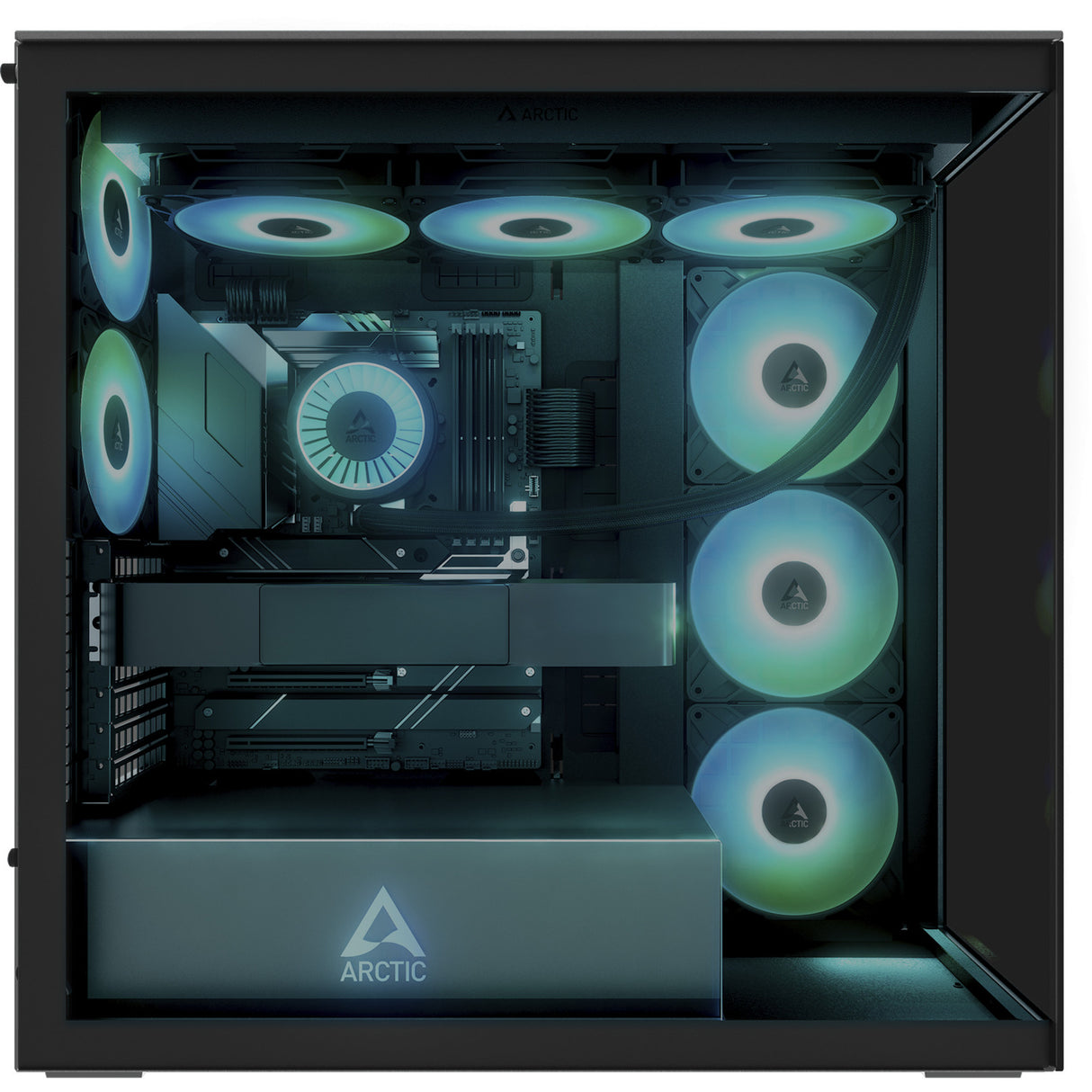 Boîtier tour midi Arctic xtender vg (noir (mat) | 2x USB-A | 1x USB-C | RVB | verre trempé)