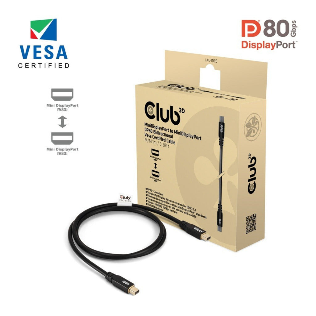Câble bidirectionnel Club 3D Mini DisplayPort vers Mini DisplayPort DP80 (noir, 1 mètre, certifié Vesa)