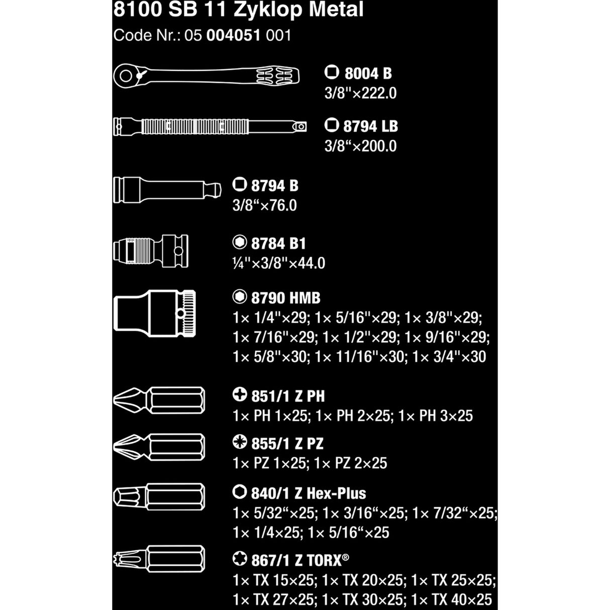 Wera 8100 SB 11 Set Set Metal Ratest Metal Zyklop, 3 8