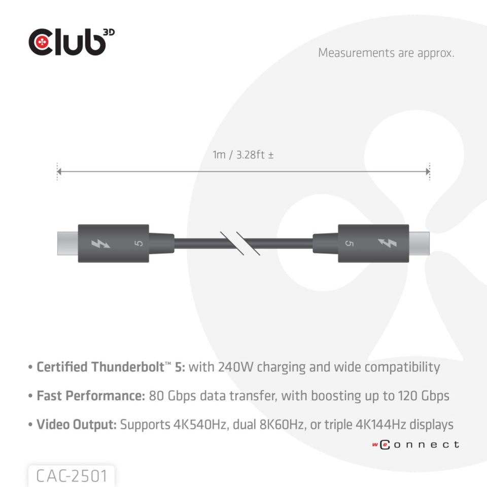 Câble certifié Club 3d Thunderbolt 5 8k240hz (noir, données 80 120 gbps, epr 240 watts, 1 mètre)