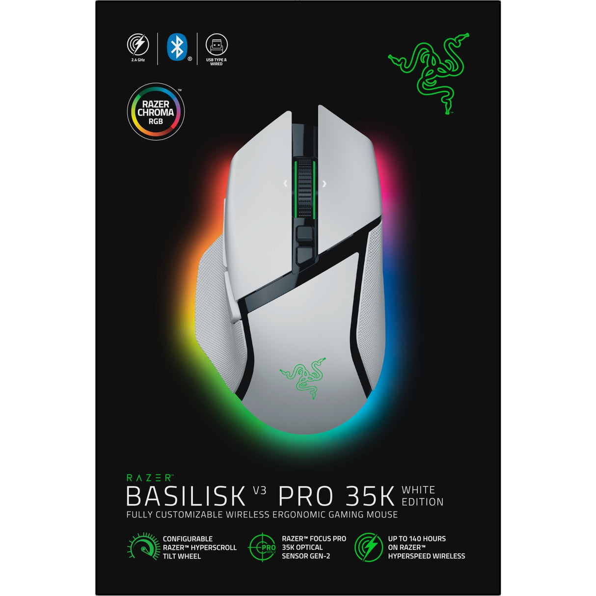 Souris de jeu Razer Basilisk v3 pro (blanc, USB Bluetooth hyperspeed sans fil, 30 000 dpi, chroma RVB)