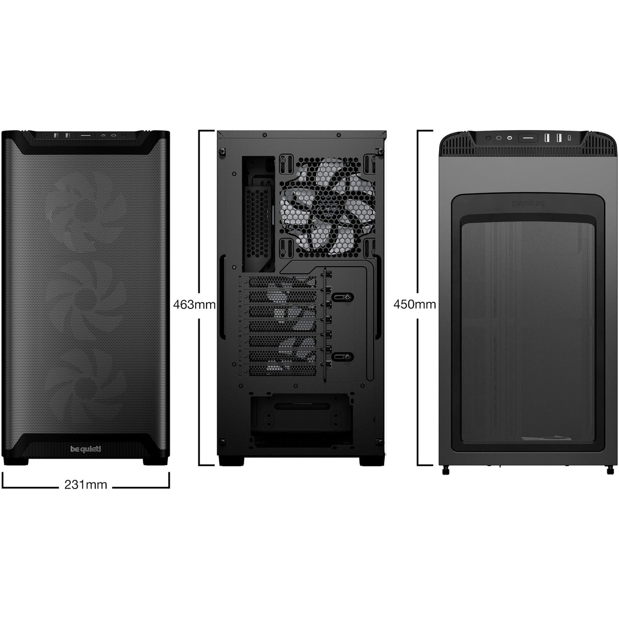 Soyez silencieux! boîtier tour midi pure base 501 lx (noir | 2x USB-A | 1x USB-C | RGB | verre trempé)