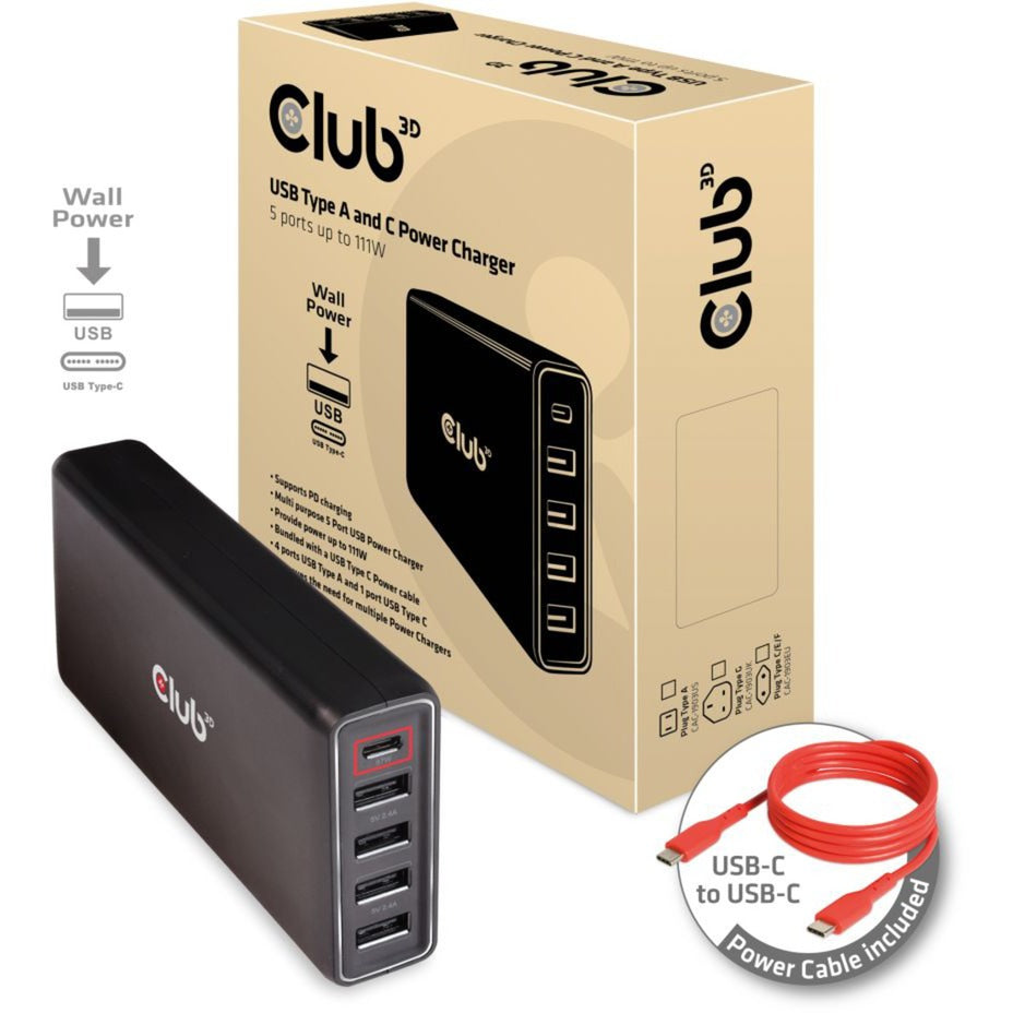 Club 3D USB Type A et C Charger, 5 ports jusqu'à 111W
