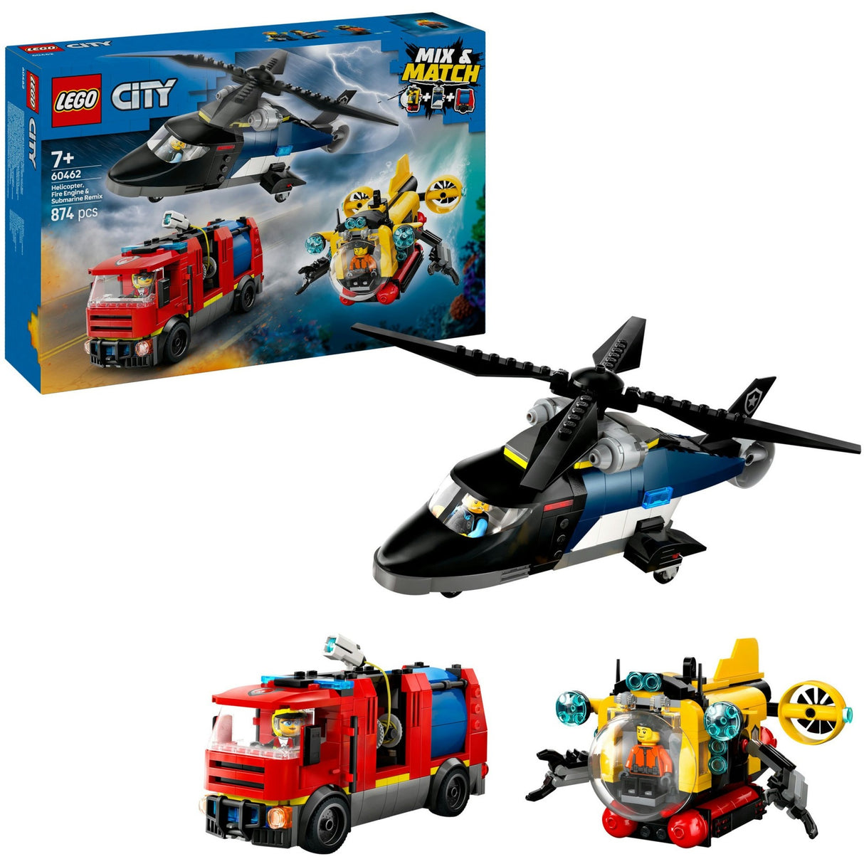 Lego city 60462 remix d'un hélicoptère, d'un camion de pompiers et d'un sous-marin