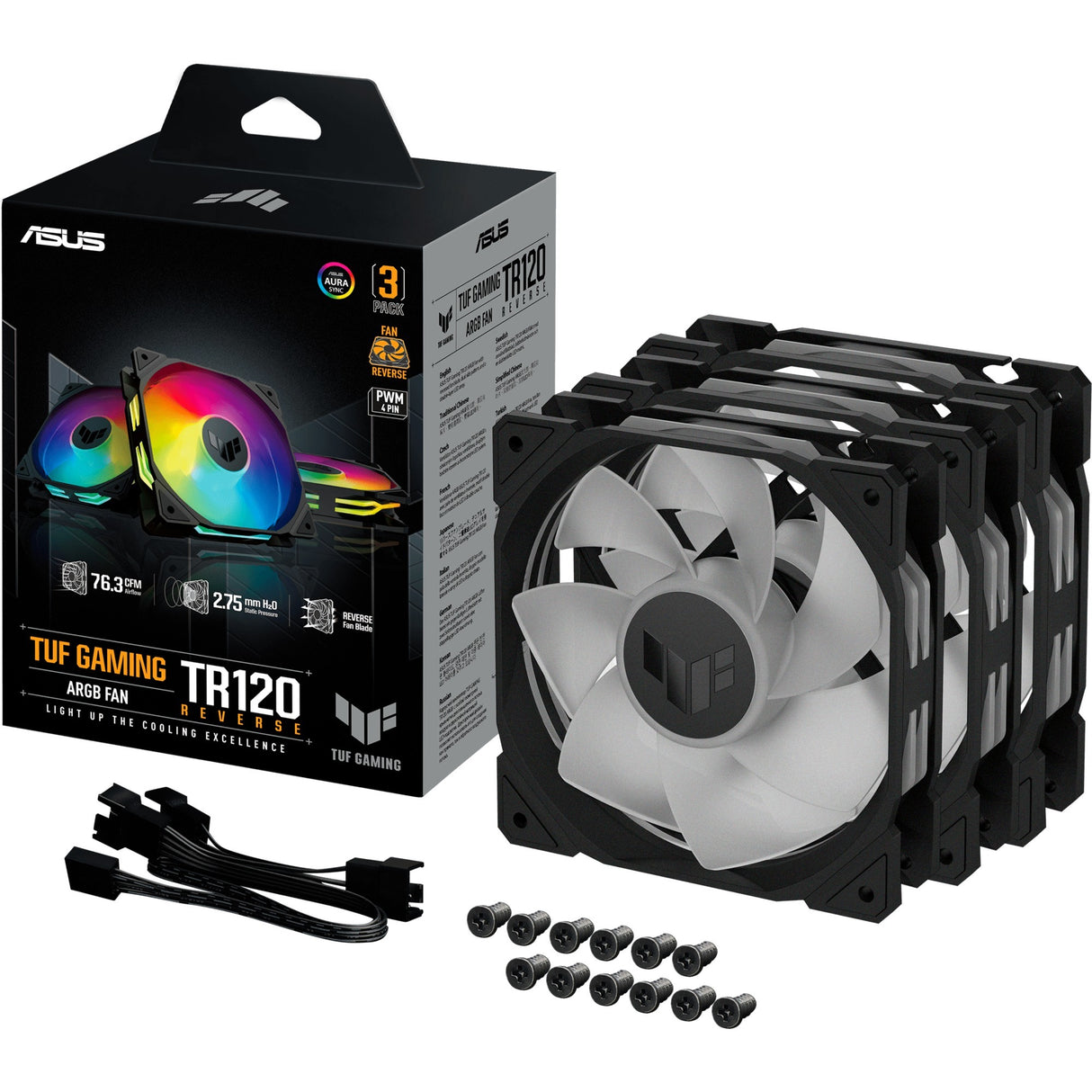 Ventilateurs de boîtier inversé Asus tuf gaming tr120 argb (noir, 3 pièces, 120 x 120 x 28 mm)