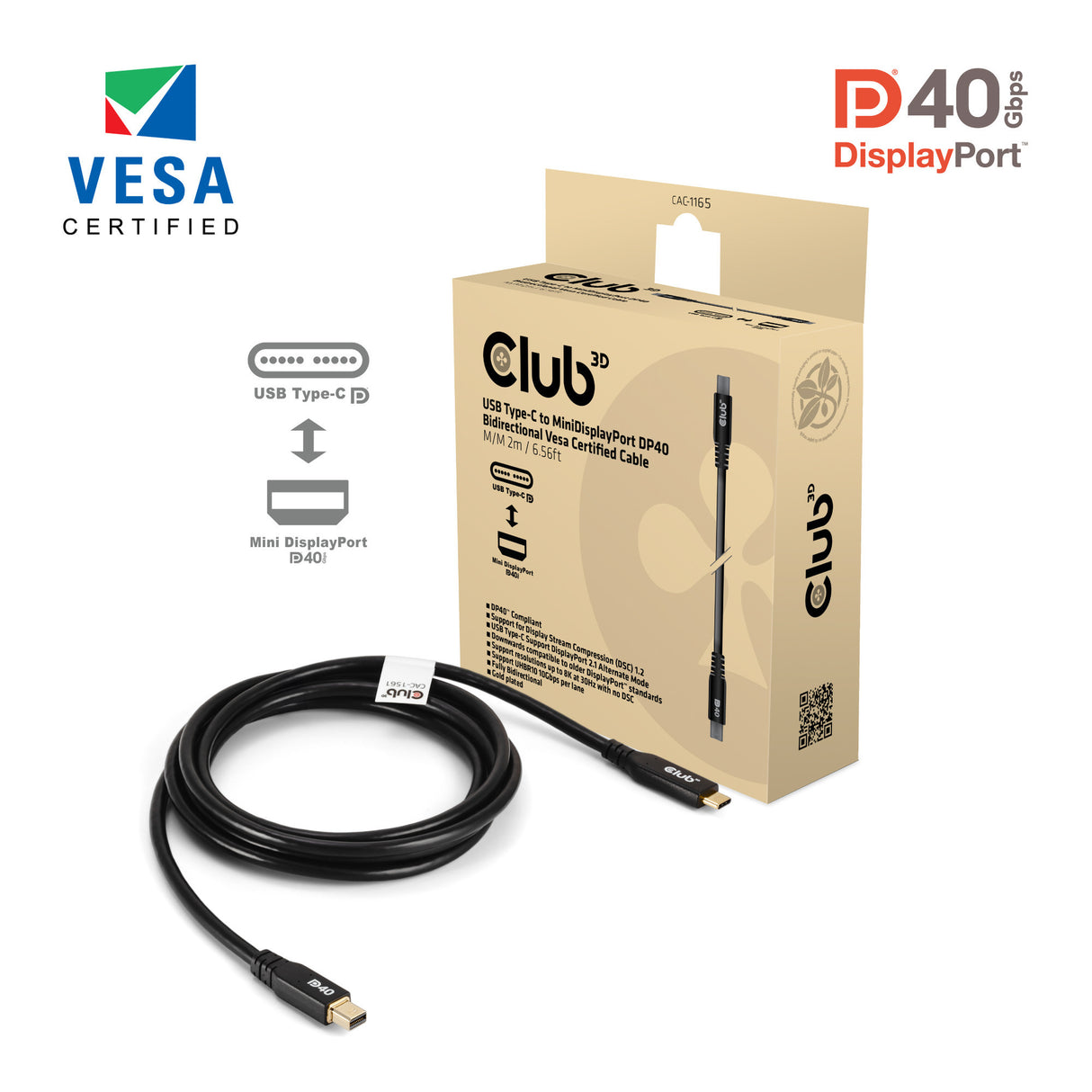 Adaptateur bidirectionnel Club 3D USB-C vers Mini DisplayPort DP40 (noir, 2 mètres, certifié Vesa)