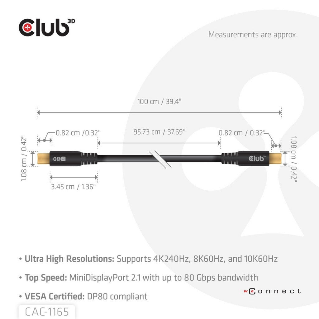 Câble bidirectionnel Club 3D Mini DisplayPort vers Mini DisplayPort DP80 (noir, 1 mètre, certifié Vesa)