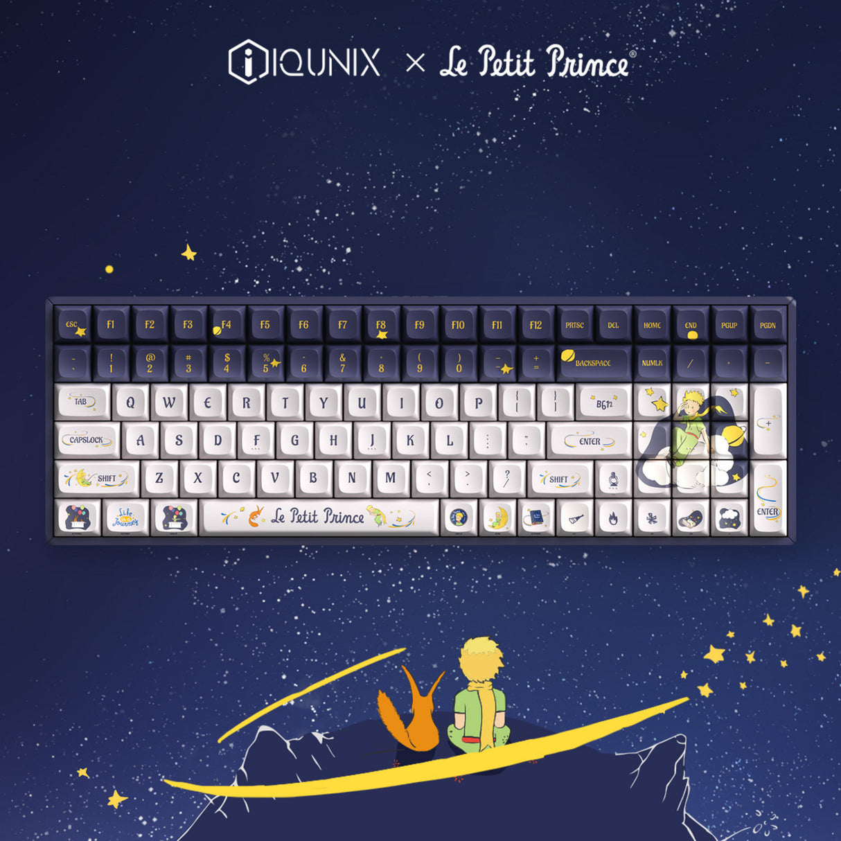 Clavier de jeu mécanique Iqunix F97 Starry Tryst RGB (bleu foncé, disposition américaine (QWERTY), Iqunix Little Prince, 96 %, LED RVB, remplaçables à chaud, PBT, 2,4 GHz | Bluetooth 5.1 | USB-C)