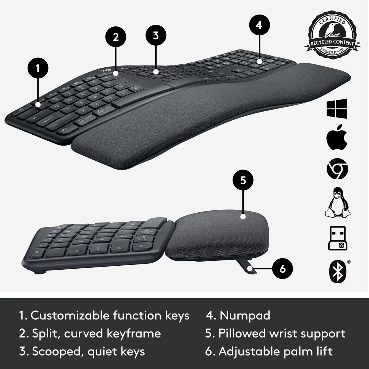 Clavier ergonomique Logitech k860 (noir, 100 %, Bluetooth, iso international américain)