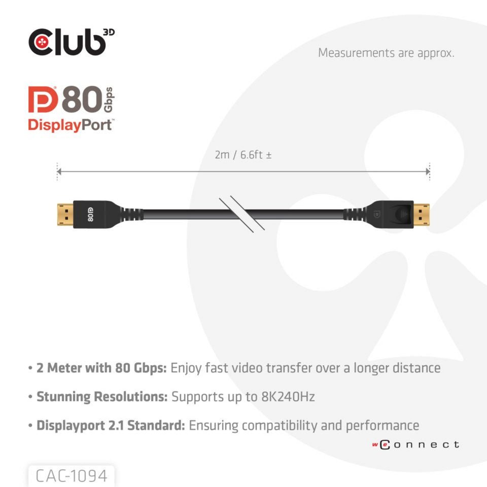Câble Displayport 2.1 Vesa DP80 certifié Club 3D (noir, 2 mètres, 8k 240hz, 10k 60hz, 80gbps)