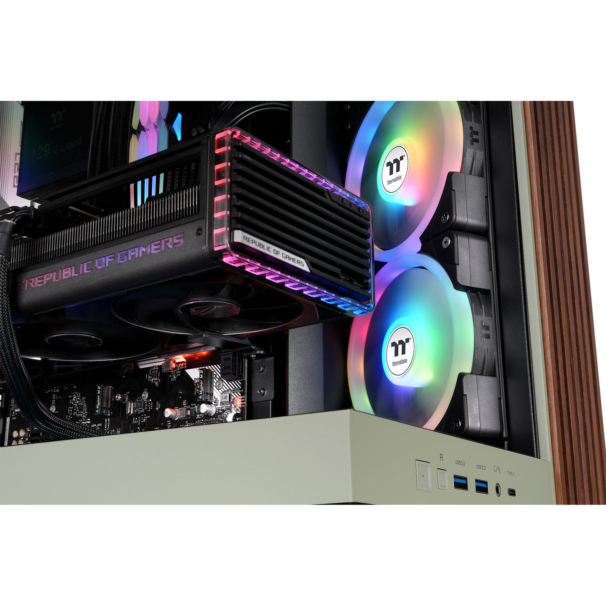 Thermaltake view 380 xl ws argb midi tower behuizing (lichtgroen houtkleur | 2x usb-a | 1x usb-c | rgb | tempered glass)
