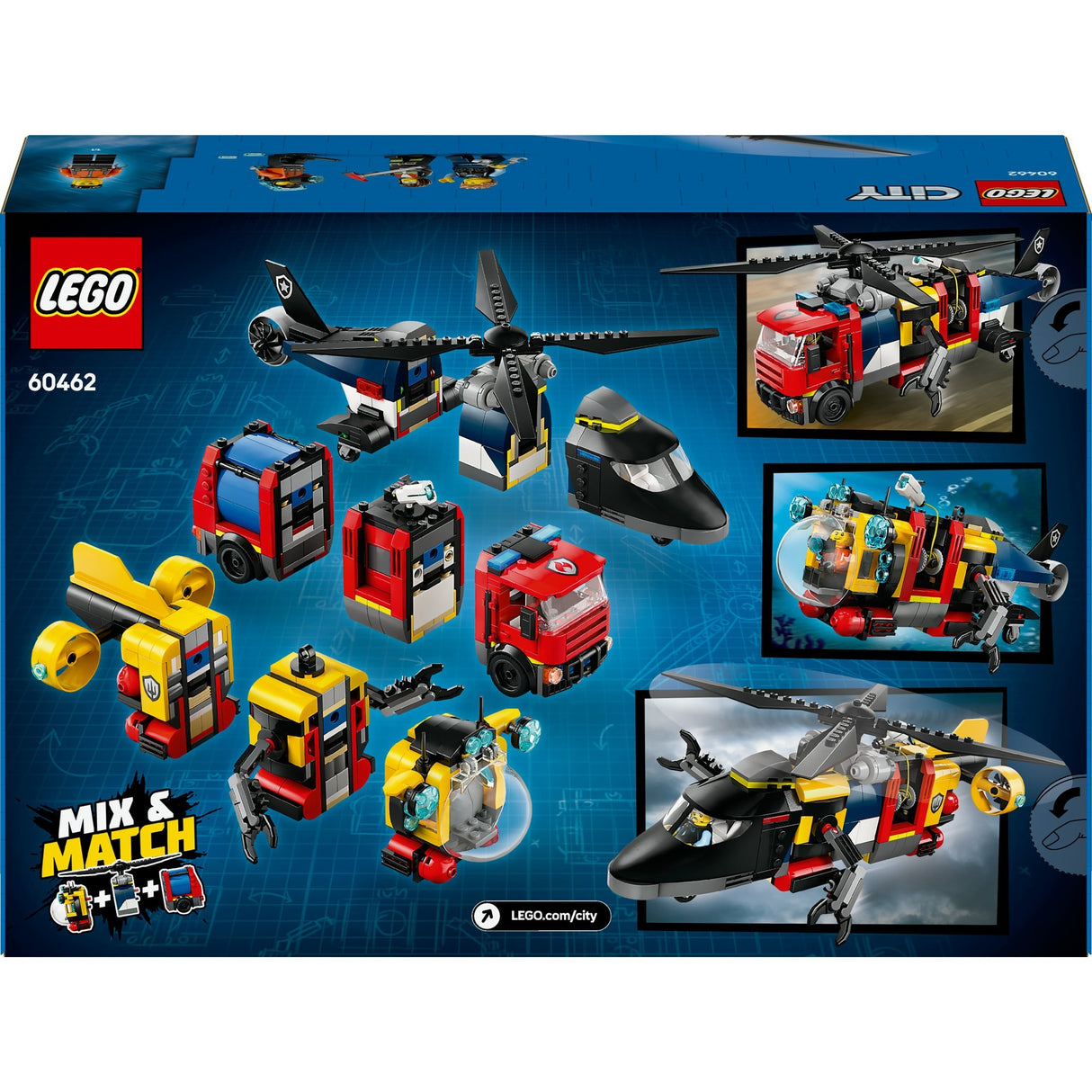 Lego city 60462 remix d'un hélicoptère, d'un camion de pompiers et d'un sous-marin