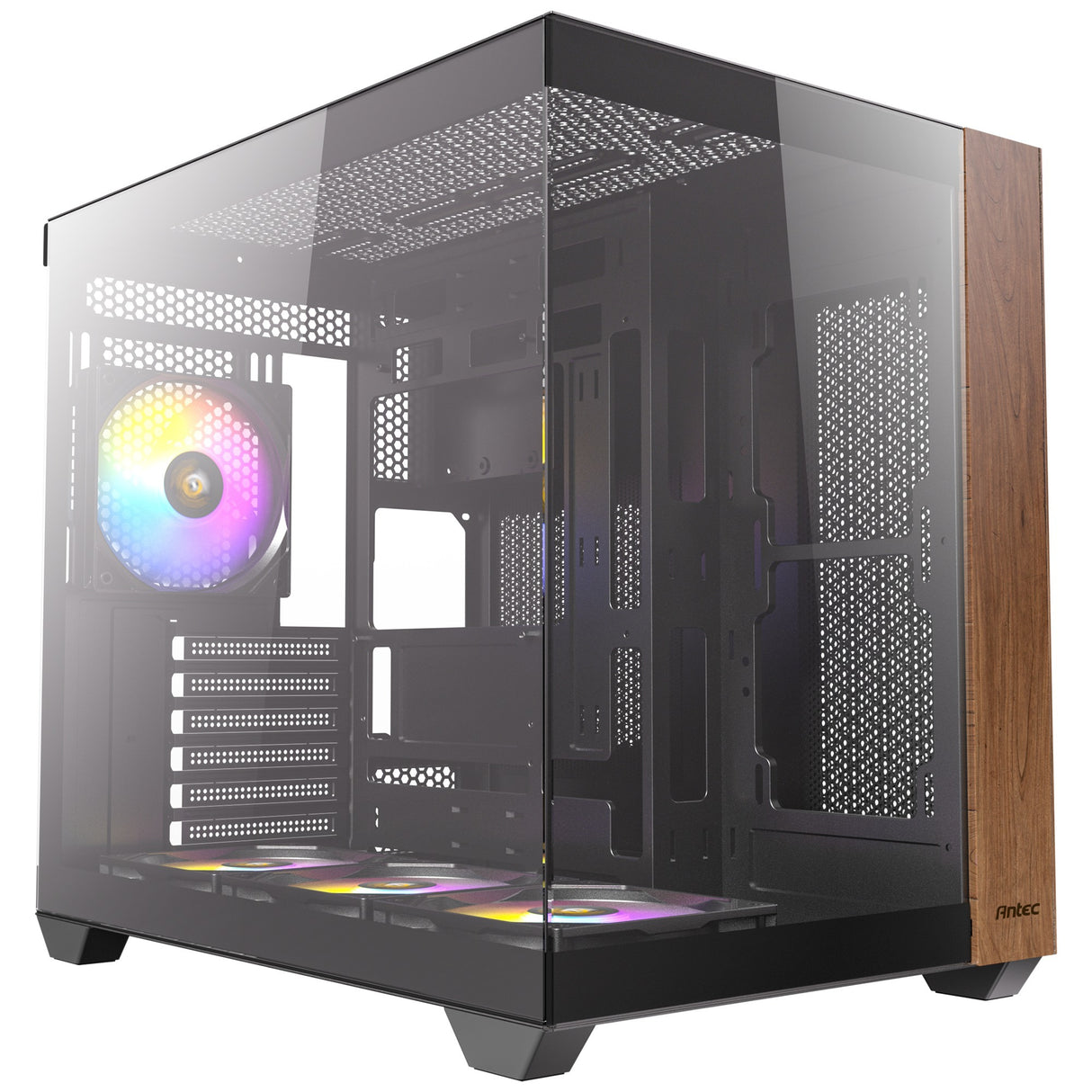 Boîtier tour midi argb en bois Antec cx800 (couleur bois noir | 1x USB-A | 1x USB-C | verre trempé)