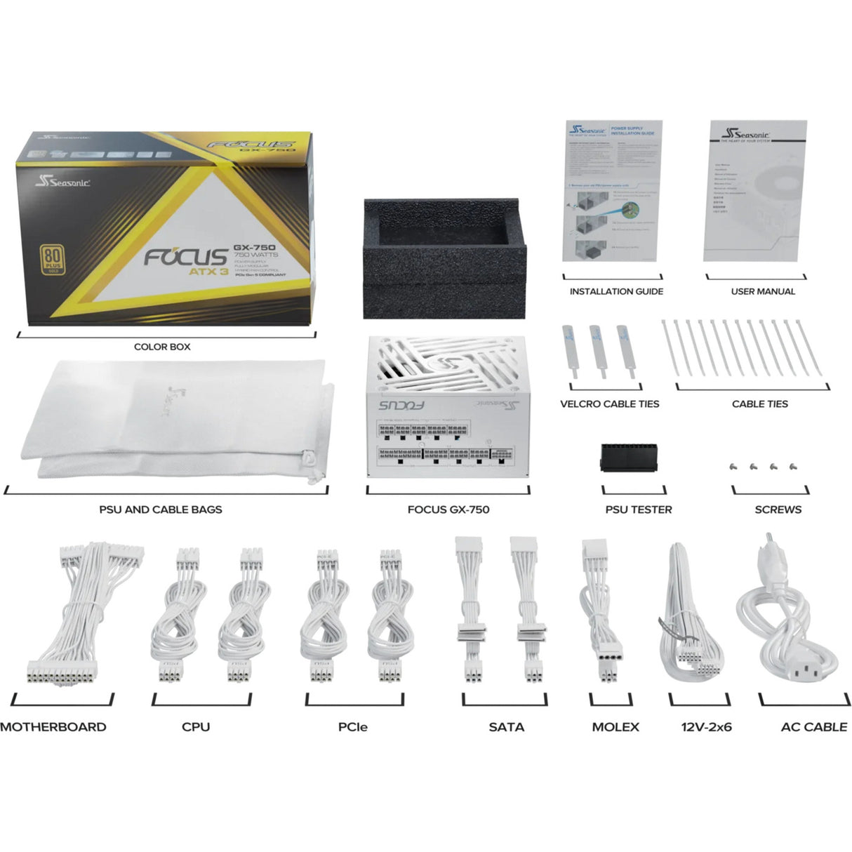 Alimentation modulaire Seasonic focus-gx-750-v4 atx3.0 de 750 watts (blanc, 1x 12vhpwr, 2x pcie)