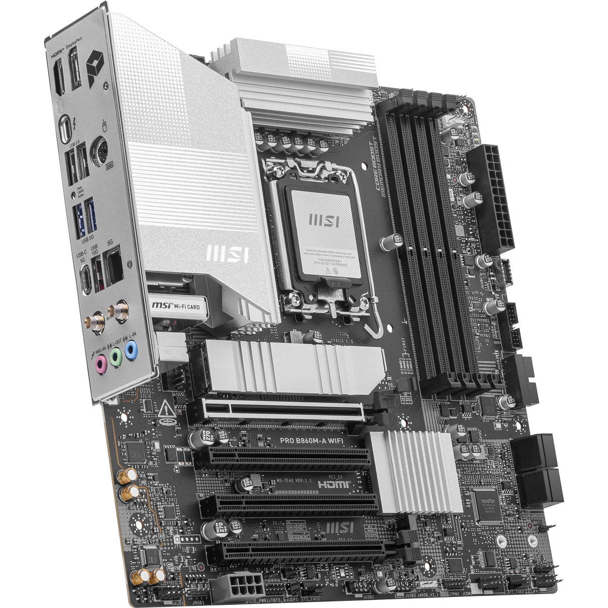 Carte mère MSI Pro B860M-A WiFi Socket 1851 (argent, RAID, 5 Go-LAN, WiFi 7, BT, Sound, µATX)