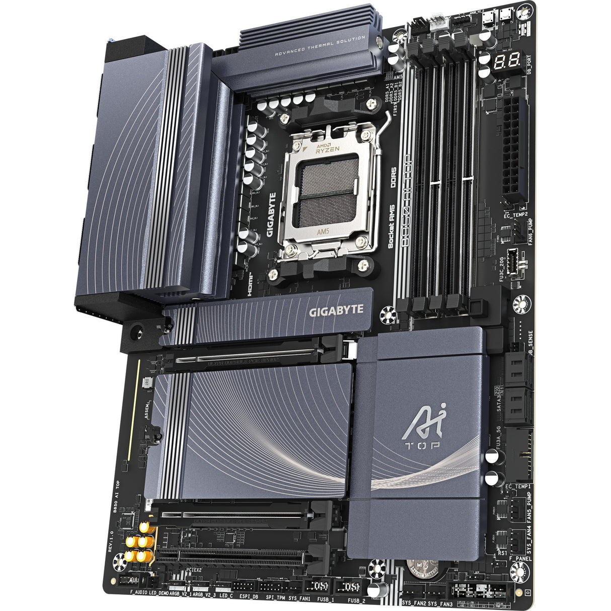Carte mère Gigabyte B850 AI Top Socket AM5 (gris noir, RAID, 2x 10 Go LAN, Wi-Fi 7, BT, Sound, ATX)