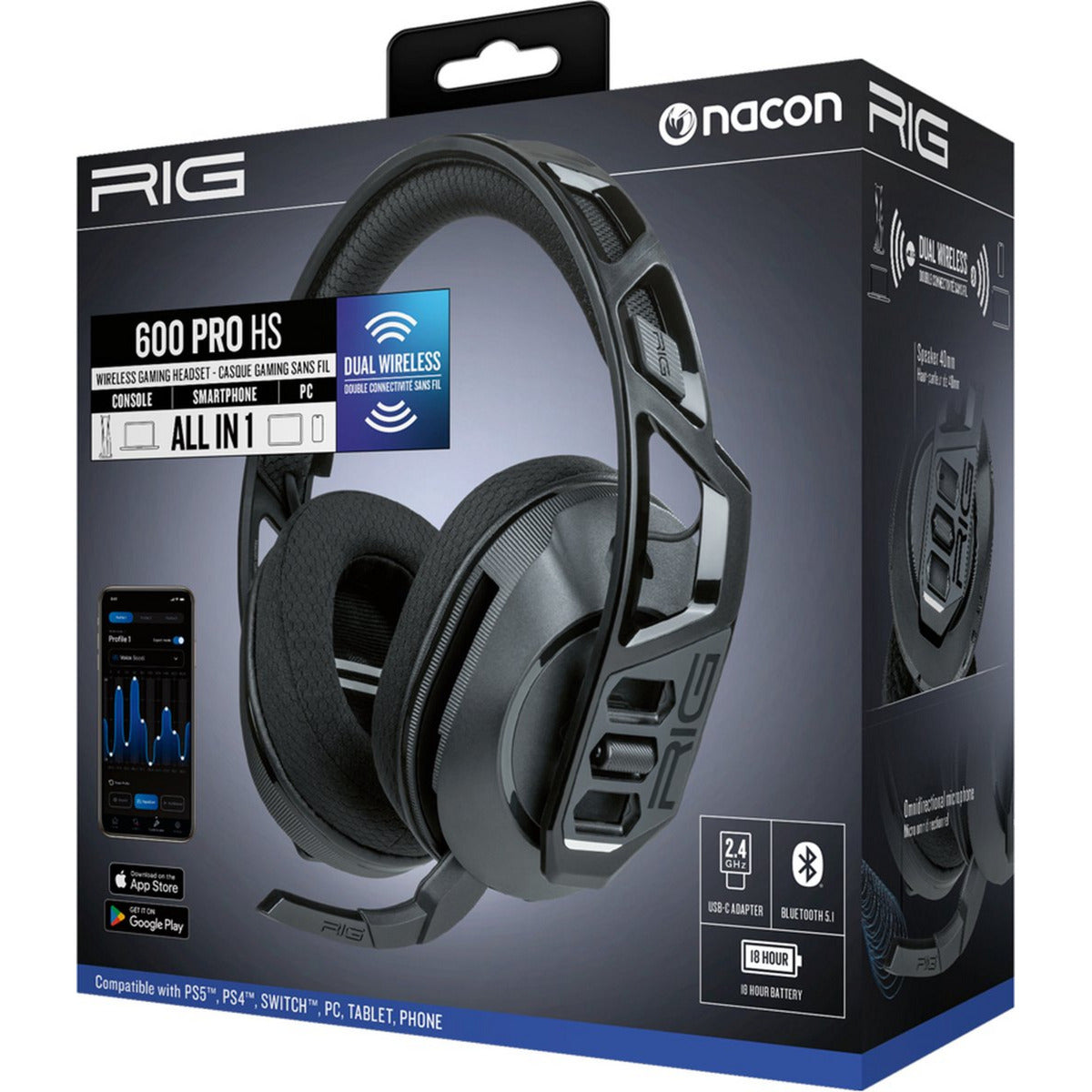 Casque de jeu supra-auriculaire Nacon rig 600 pro hs (noir, playstation 5, playstation 4, windows, nintendo switch, android, ios)