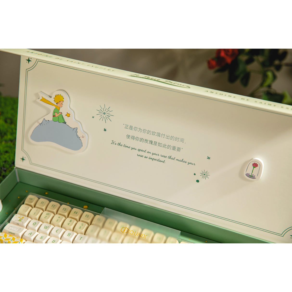 Clavier de jeu mécanique RVB Iqunix f97 floral date (vert, disposition américaine (qwerty), iquunix petit prince, 96 %, LED RVB, remplaçable à chaud, pbt, 2,4 GHz | Bluetooth 5.1 | USB-C)