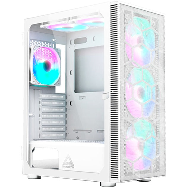 Boîtier tour midi Montech x3 mesh (blanc | 3x USB-A | RVB | verre trempé)