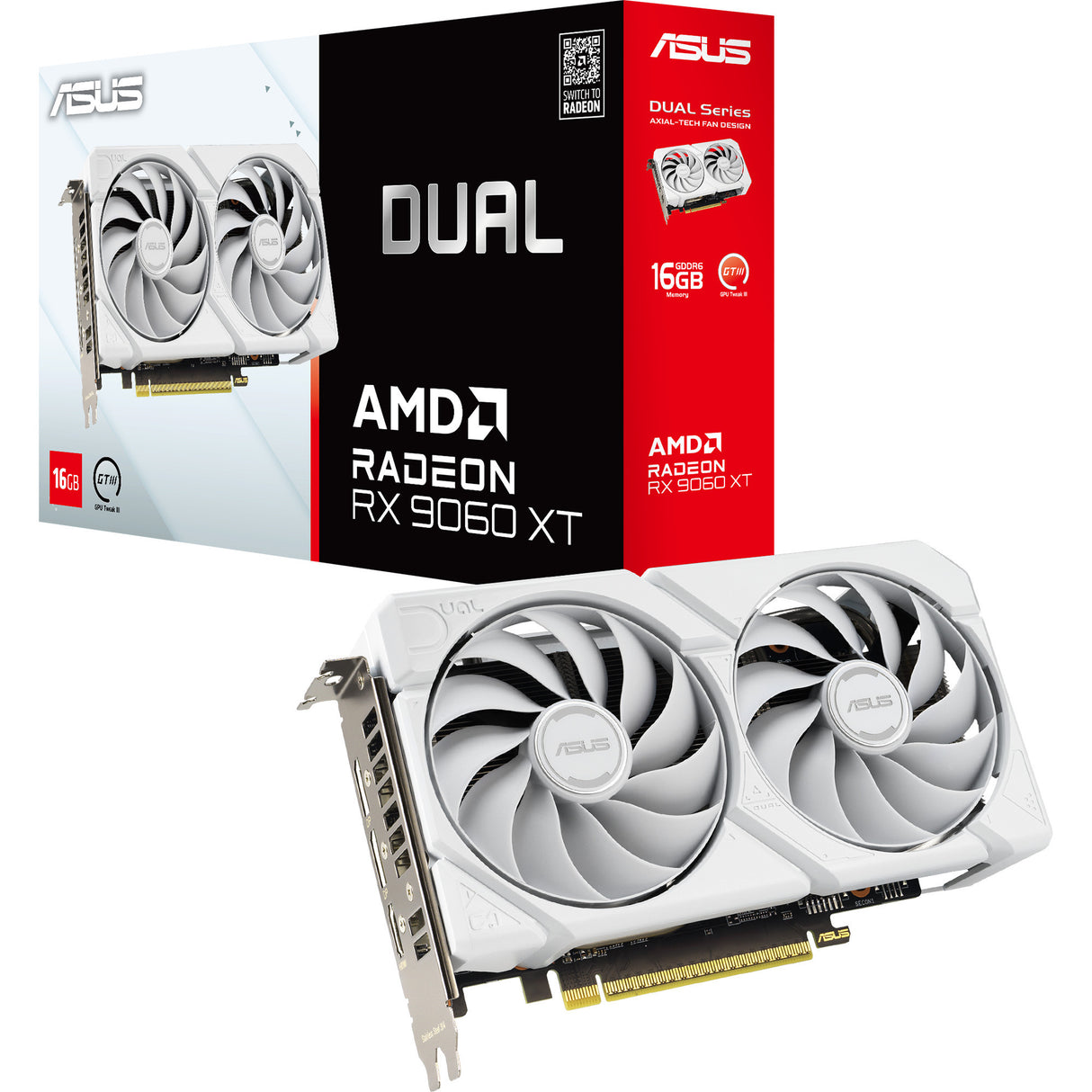 Carte graphique Asus Radeon RX 9060 XT Dual White Edition 16 Go (blanc, RDNA4, GDDR6, 2x Display Port, 1x HDMI 2.1)