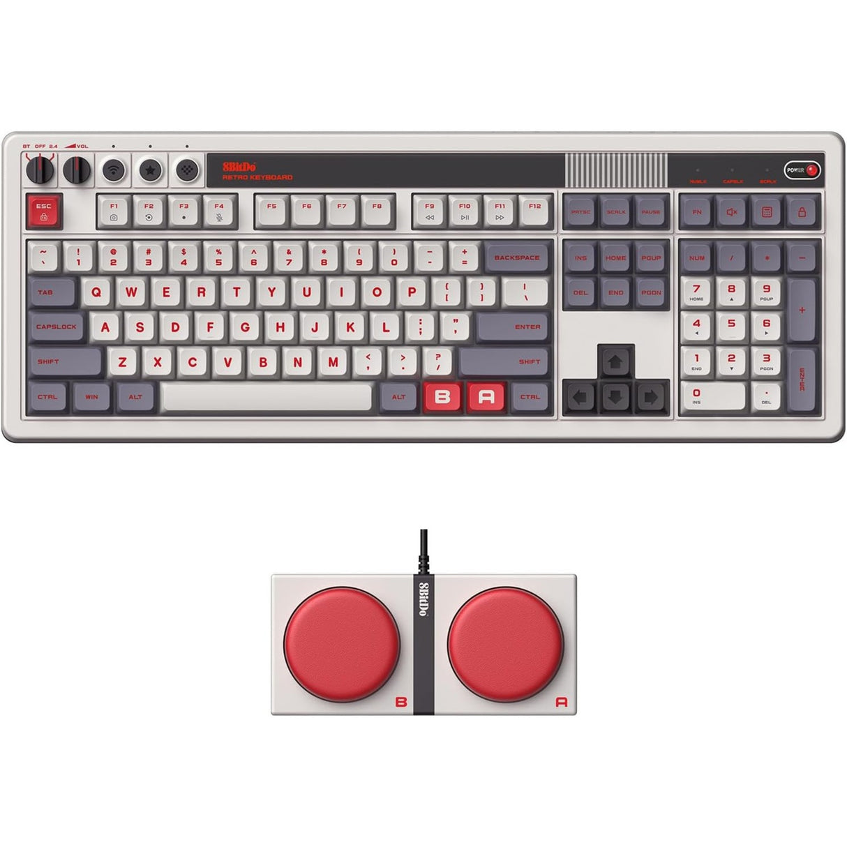 Clavier mécanique rétro 8bitdo n édition (gris, disposition américaine (qwerty), boîte kailh blanche, 100%, bluetooth basse consommation, sans fil 2,4 g, usb)