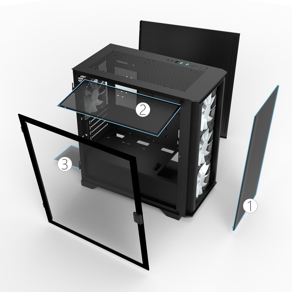 Boîtier mini tour Montech air 100 argb (noir | 3x USB-A | verre trempé)