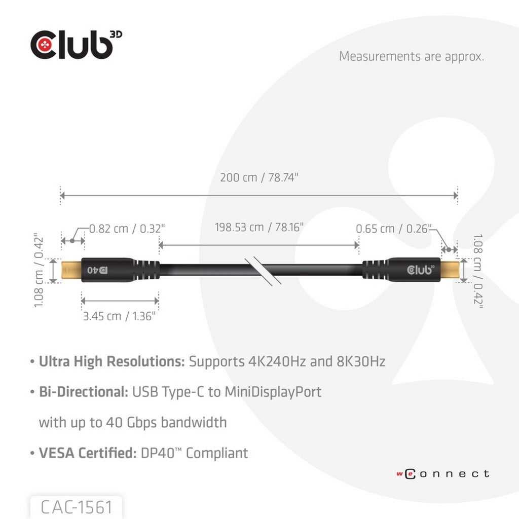 Adaptateur bidirectionnel Club 3D USB-C vers Mini DisplayPort DP40 (noir, 2 mètres, certifié Vesa)
